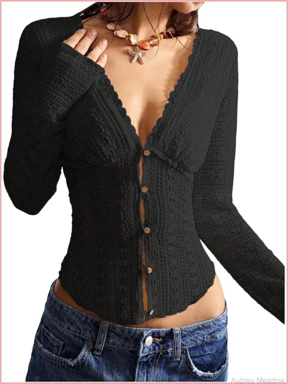 Sheer Lace Hollow Out Button Front Long Sleeve V Neck Crop Cardigan